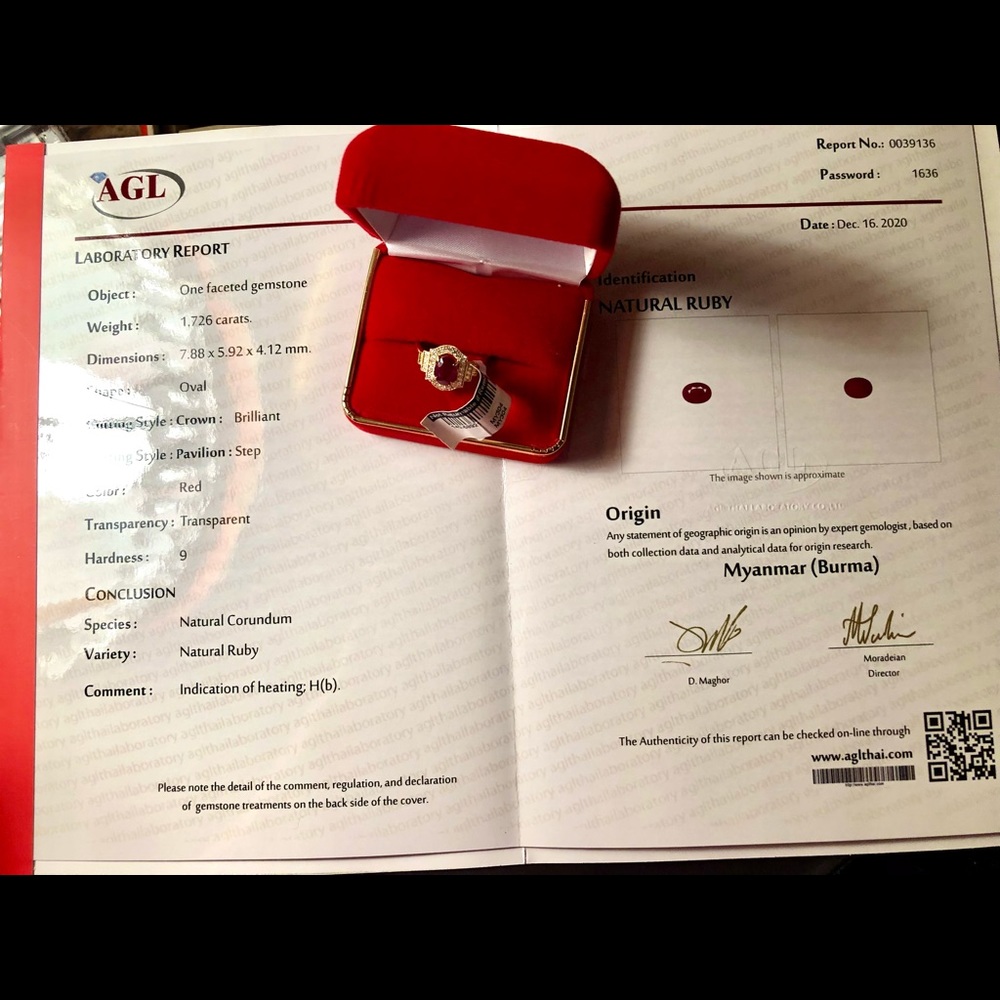 1.73 ct Certified Burma Ruby, .29ctw Dias, 18kt YG - Picture 9 of 9